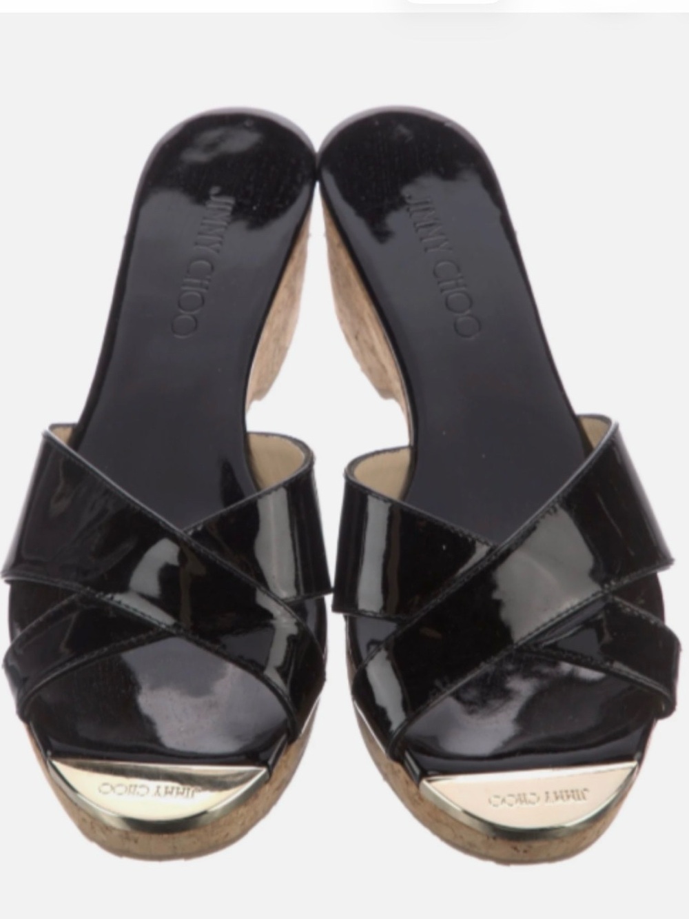 Jimmy Choo Black Patent Leather Crisscross Wedge Mules with Gold Toe Plate